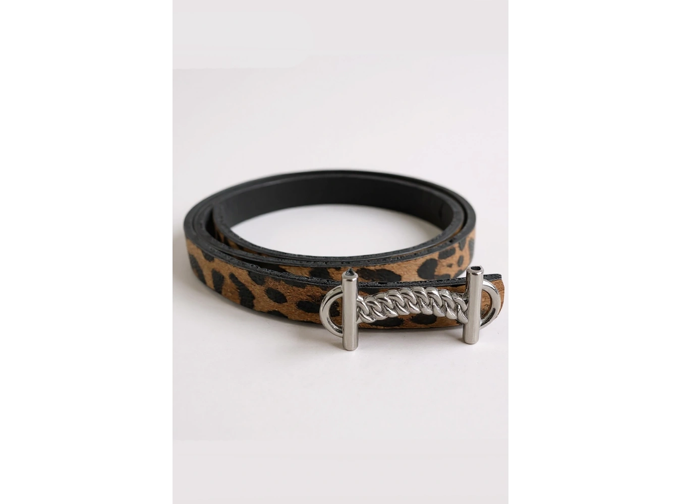 Gümüş Renk Leopar Desenli Kadın Deri Kemer