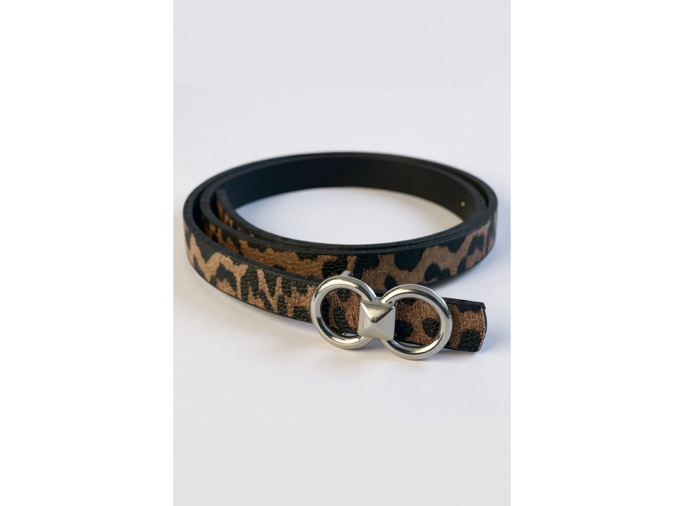 Gümüş Renk Leopar Desenli Kadın Deri Kemer