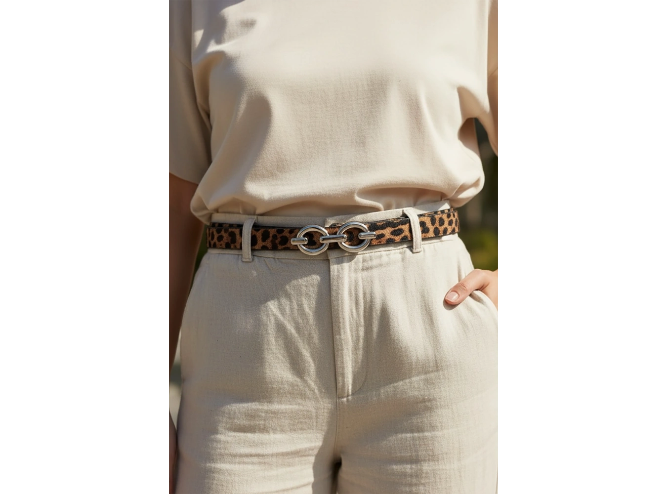 Gümüş Renk Leopar Desenli Kadın Deri Kemer