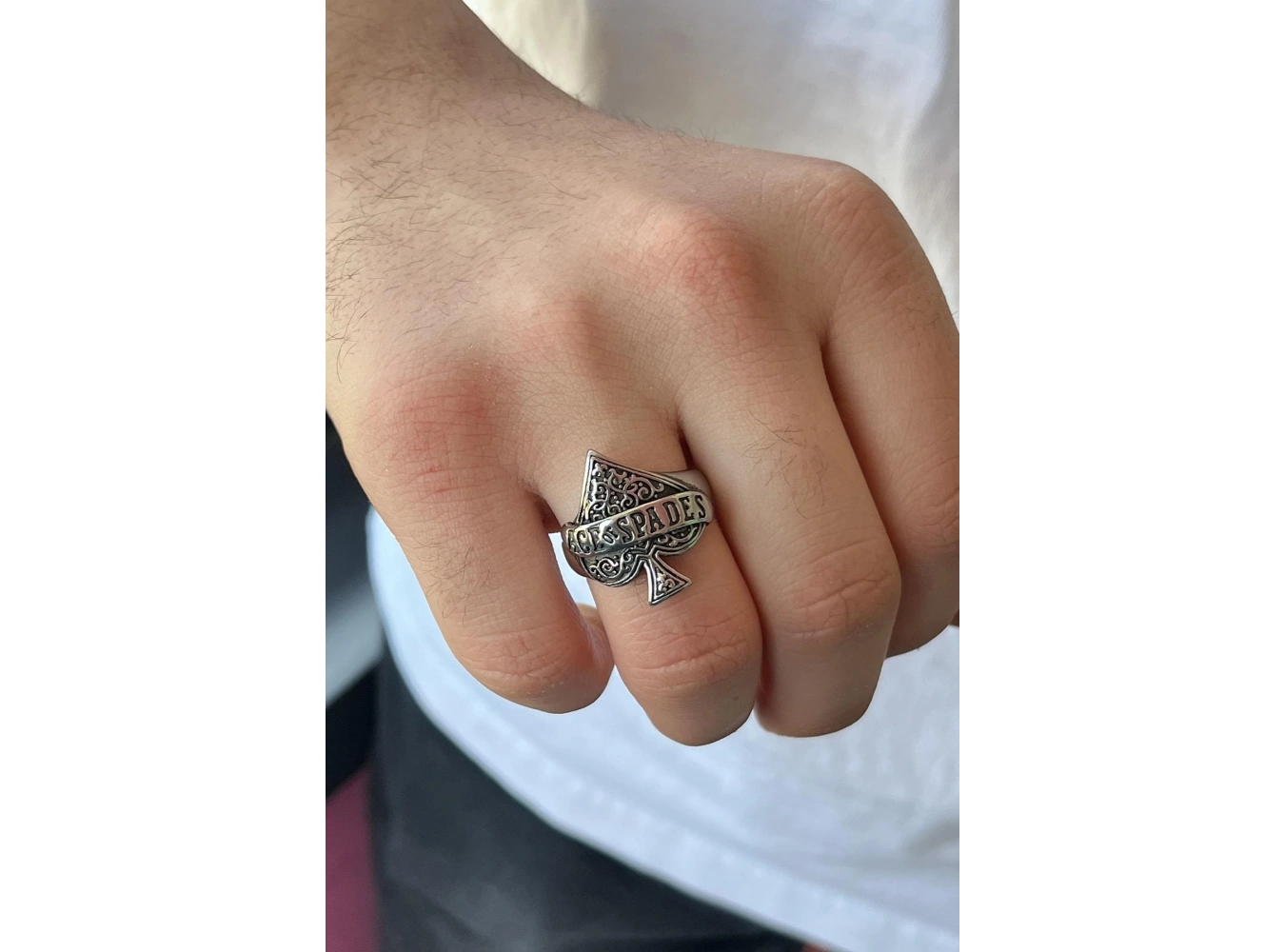 Gümüş Renk Maça Figürlü Ayarlanabilir Çelik Erkek Yüzük