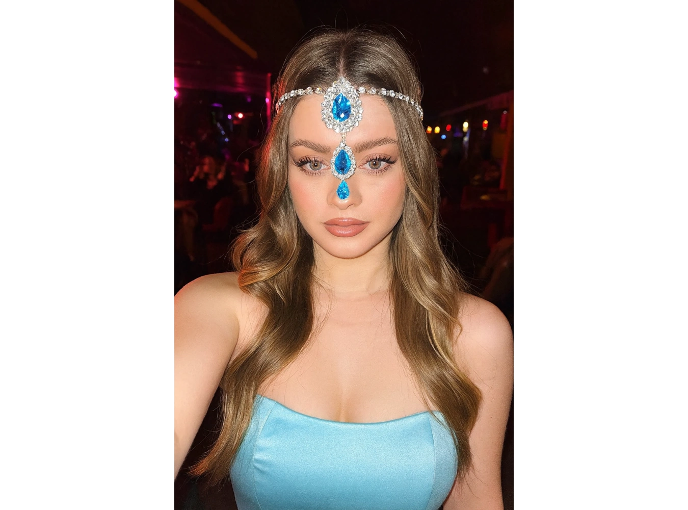 Gümüş Renk Mavi Taş Detaylı Alınlık/Kına Aksesuarı