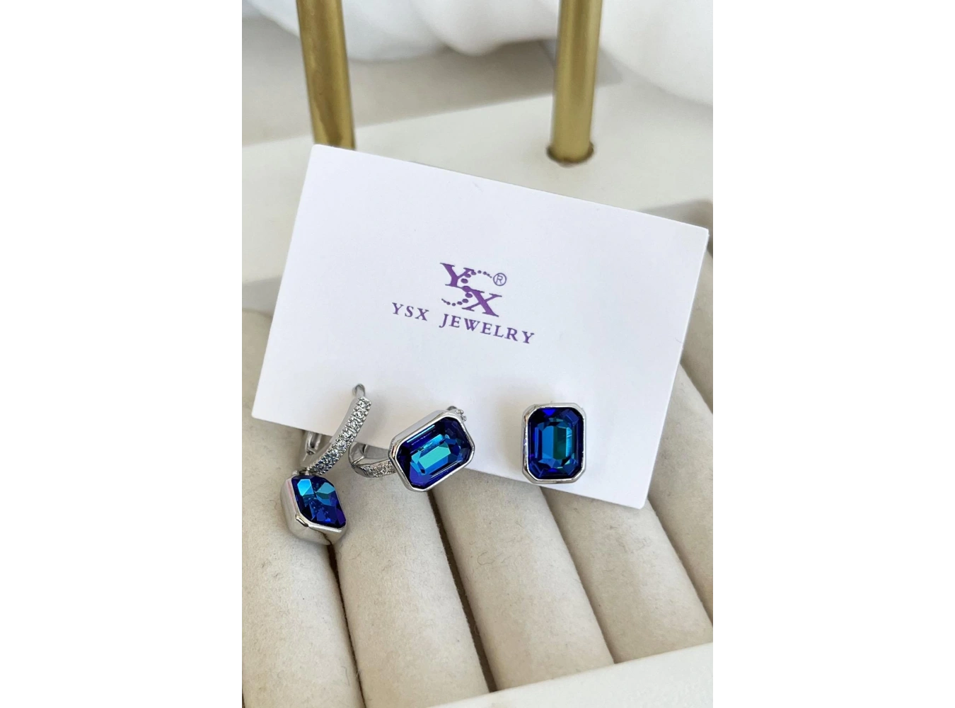 Gümüş Renk Mavi Taş Detaylı VİP 3lü YSX Küpe Set