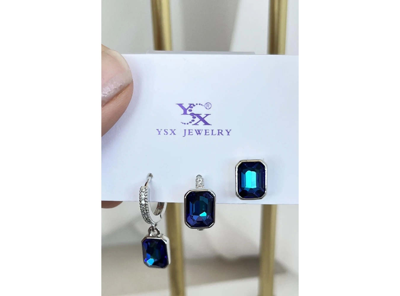 Gümüş Renk Mavi Taş Detaylı VİP 3lü YSX Küpe Set