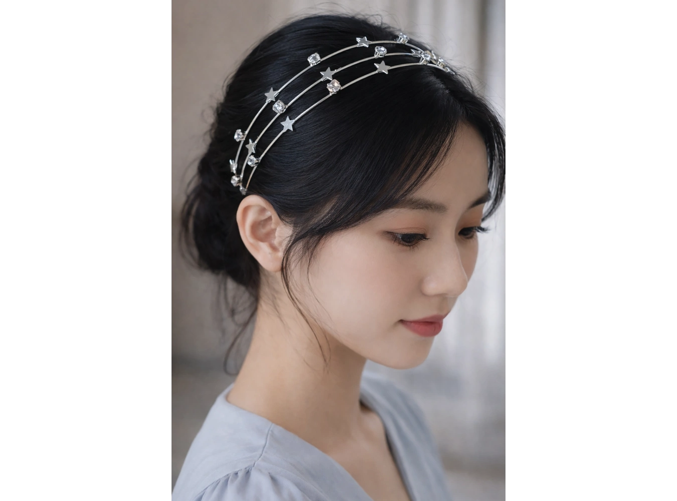 Gümüş Renk Metal Yıldız Figürlü Taş Detaylı Taç