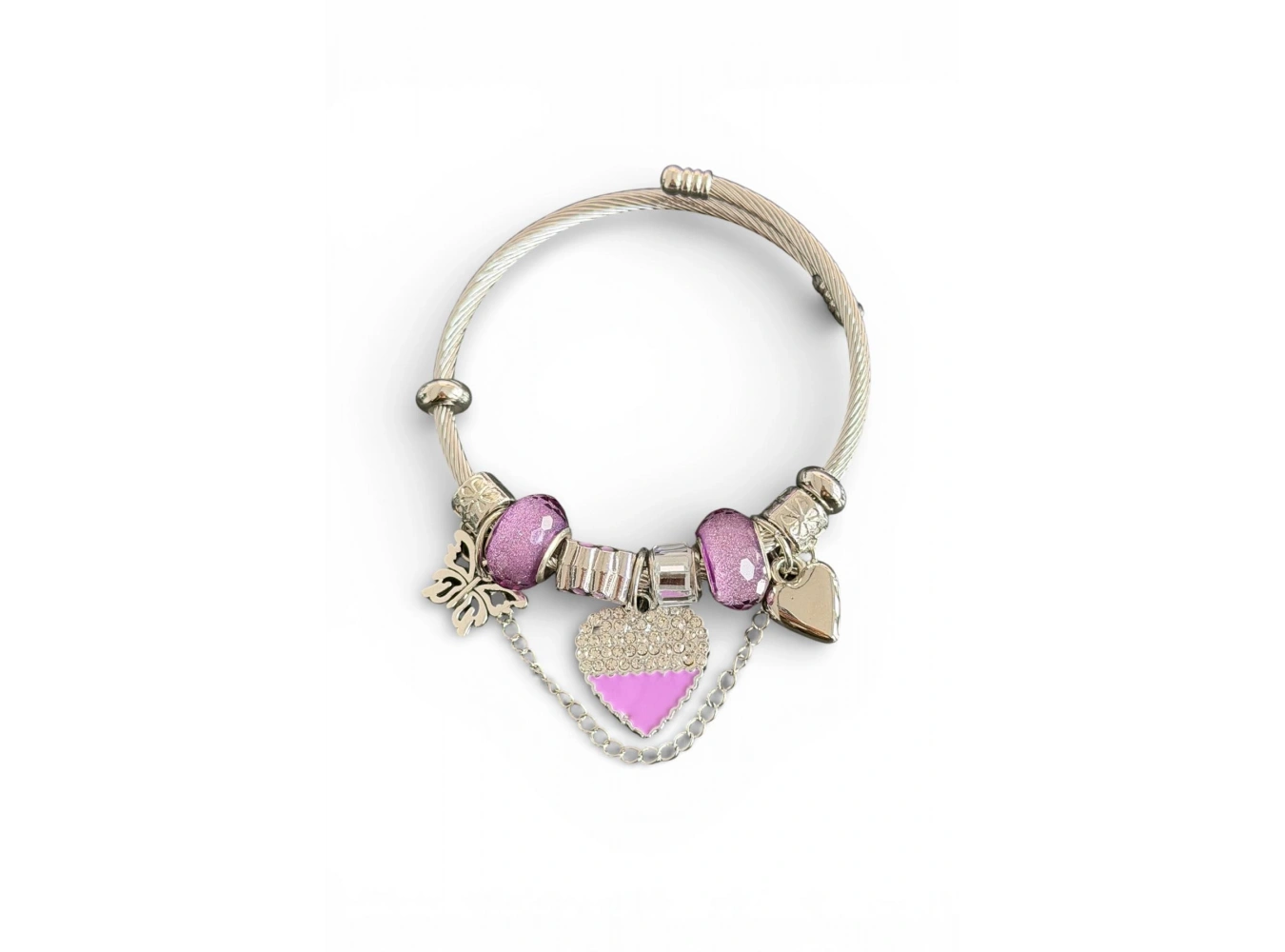 Gümüş Renk Mor Kalp  Detaylı Çelik Pandora Bileklik