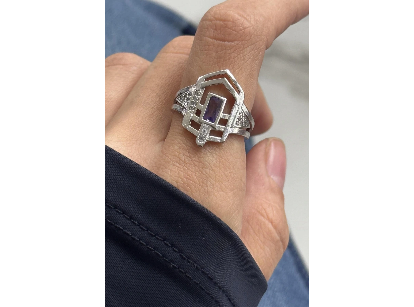 Gümüş Renk Mor Taş Detaylı Ayarlanabilir Yüzük