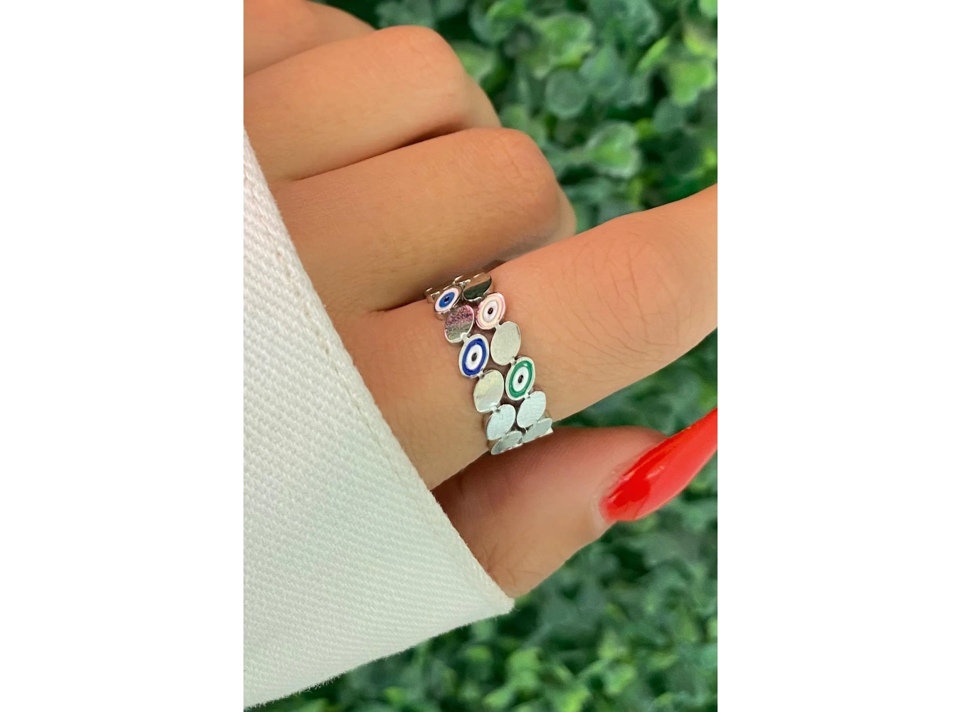 Gümüş Renk Nazar Boncuğu Figürlü Ayarlanabilir Çelik Yüzük