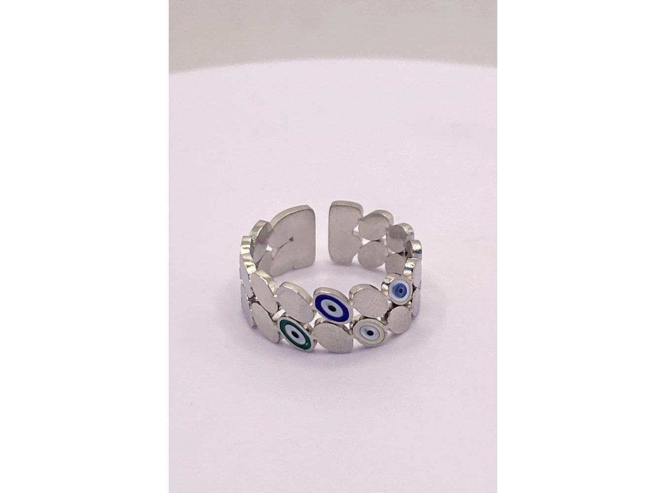 Gümüş Renk Nazar Boncuğu Figürlü Ayarlanabilir Çelik Yüzük