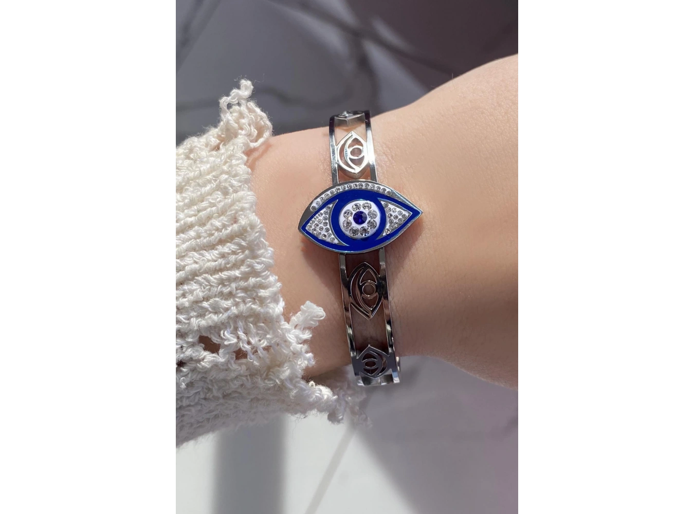 Gümüş Renk Nazar Boncuk Figürlü Çelik Bileklik