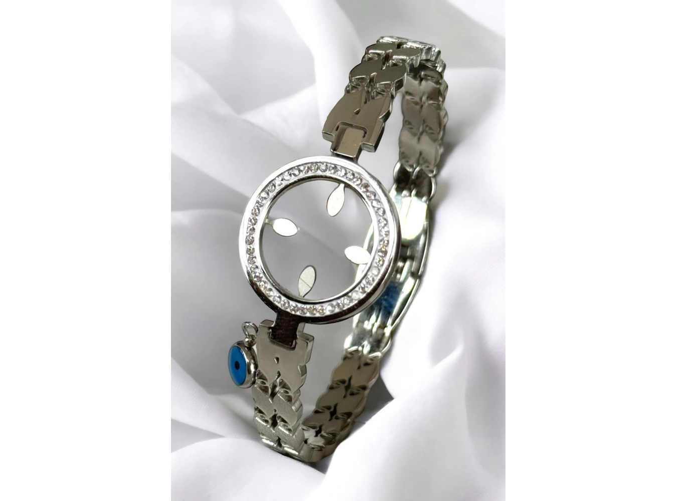 Gümüş Renk Nazar Boncuk Figürlü Çelik Kelepçe Bileklik