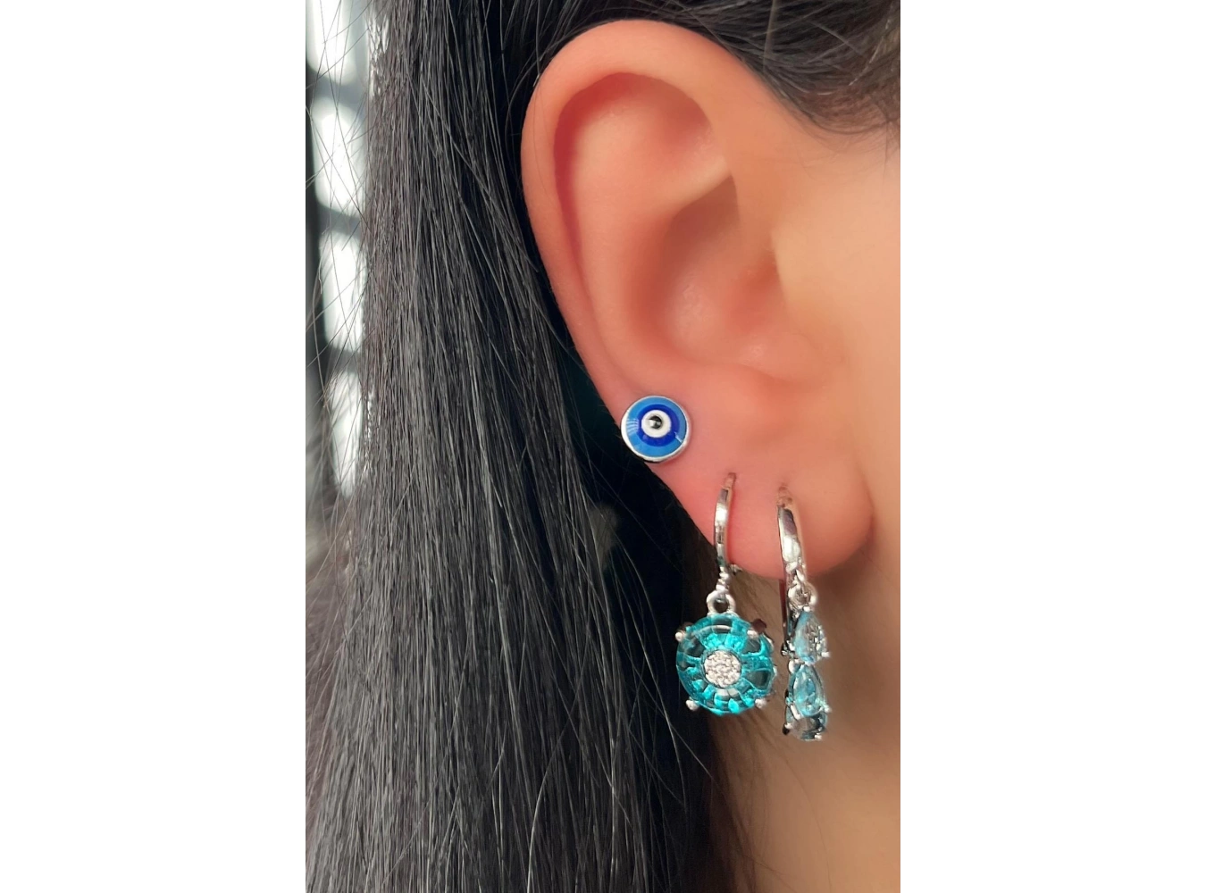 Gümüş Renk Nazar Boncuk Figürlü Taş Detaylı 3lü YSX Küpe Set