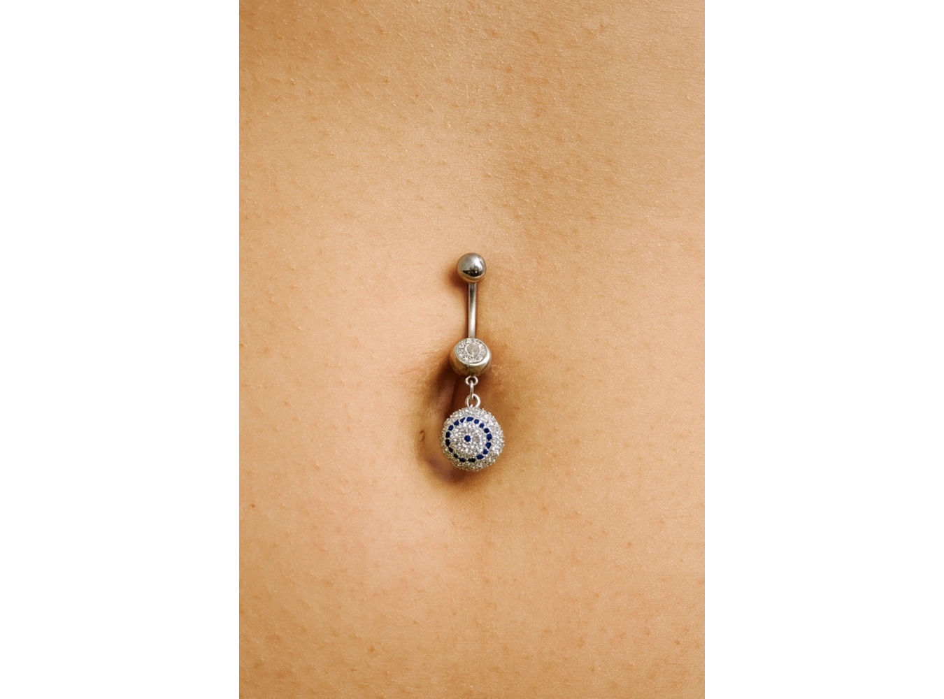 Gümüş Renk Nazar Boncuk Figürlü Taş Detaylı Cerrahi Çelik Göbek Piercing