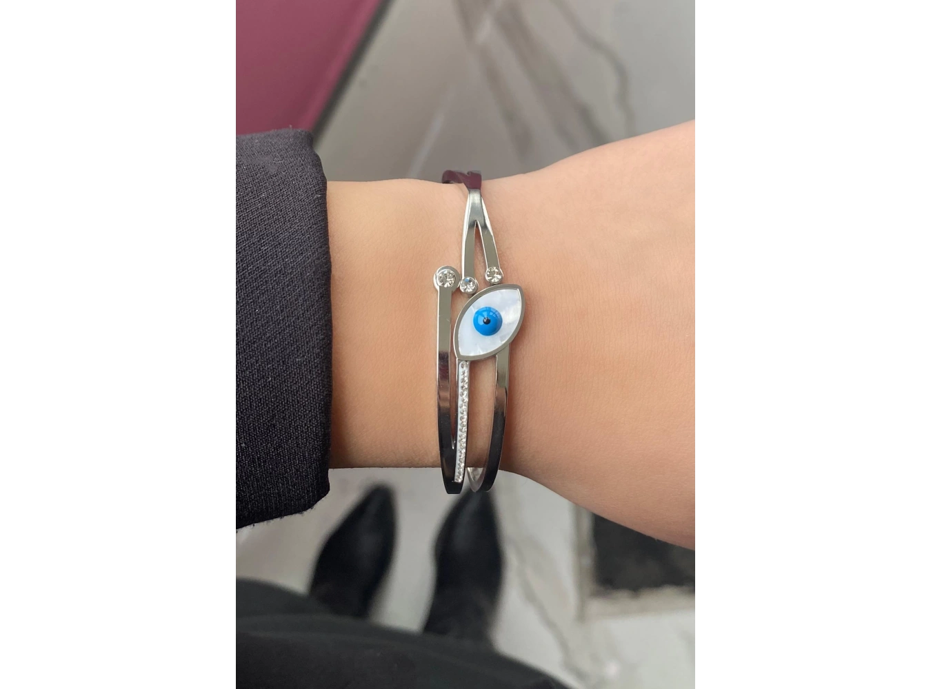 Gümüş Renk Nazar Boncuk Figürlü Taşlı Çelik Bileklik