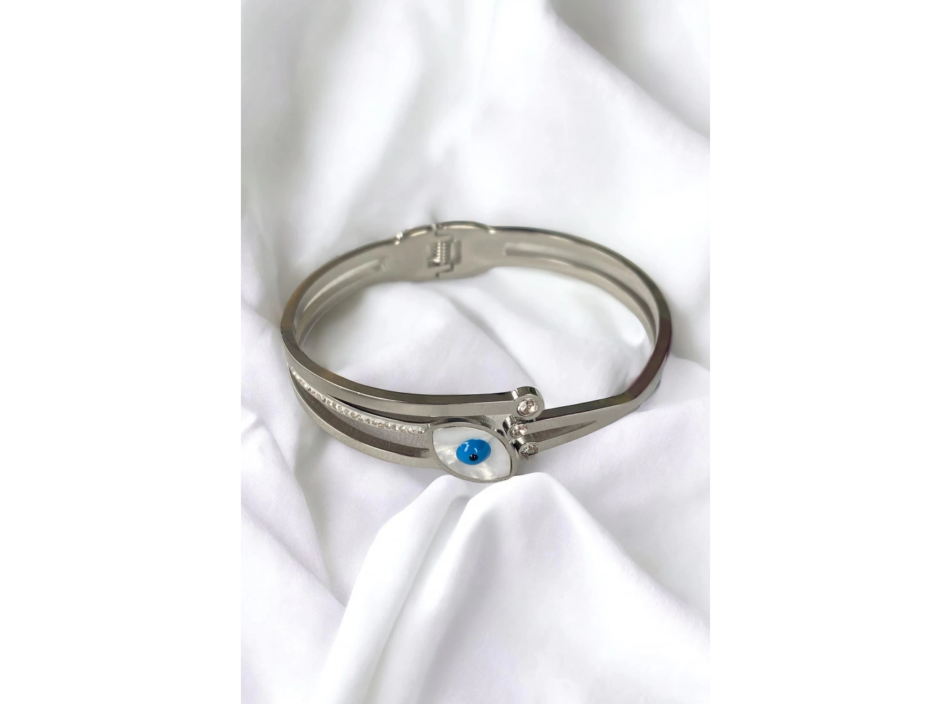 Gümüş Renk Nazar Boncuk Figürlü Taşlı Çelik Bileklik