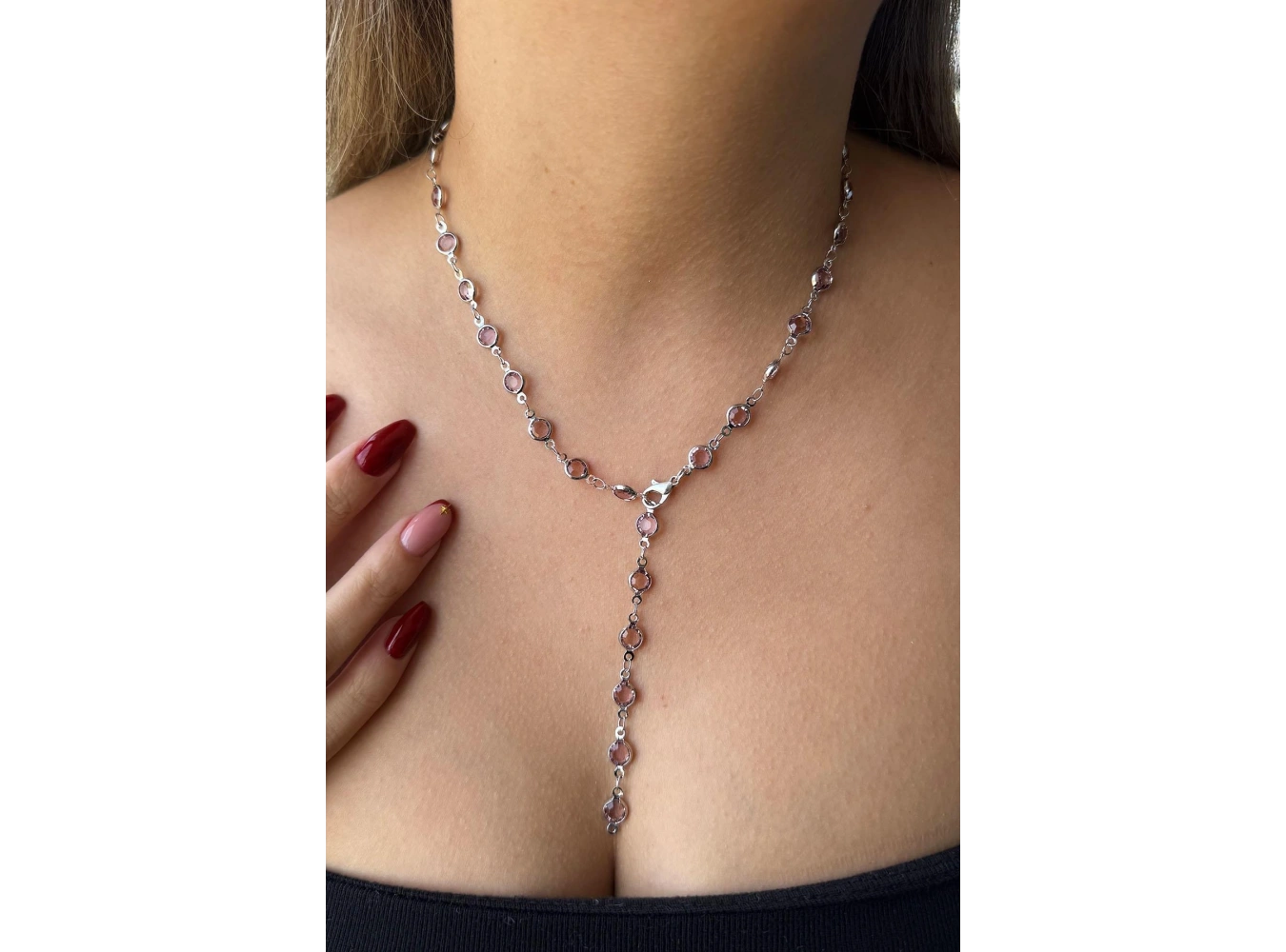 Gümüş Renk Pembe Taş Detaylı Çelik Y Kolye