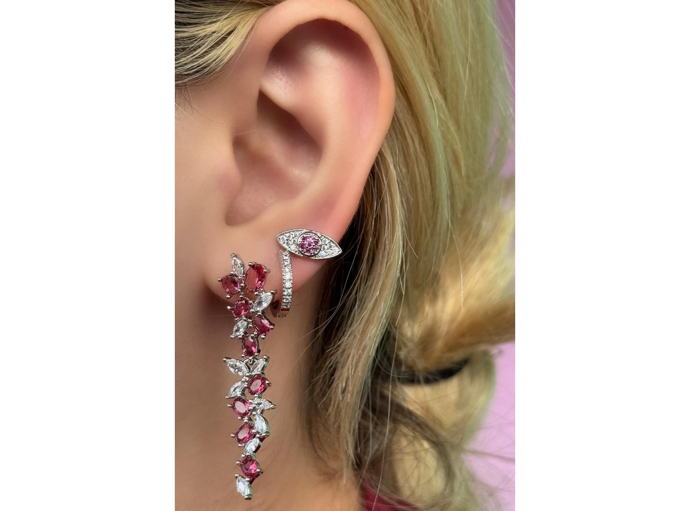 Gümüş Renk Pembe Taş Detaylı VİP 3lü YSX Küpe Set