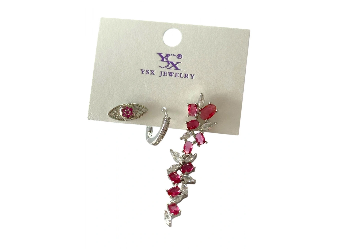 Gümüş Renk Pembe Taş Detaylı VİP 3lü YSX Küpe Set