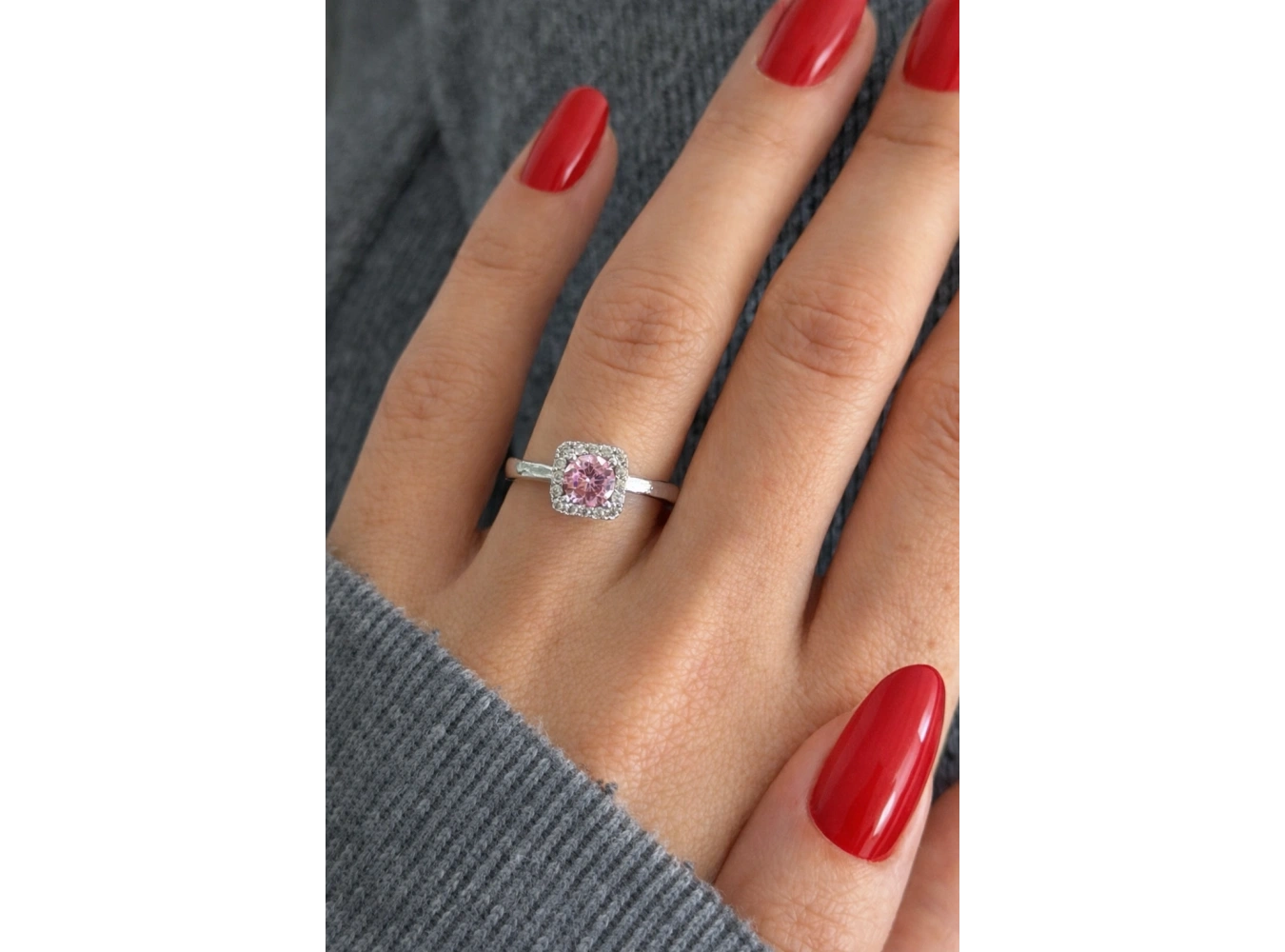 Gümüş Renk Pembe Taşlı Baget Yüzük (Ayarlanabilir)