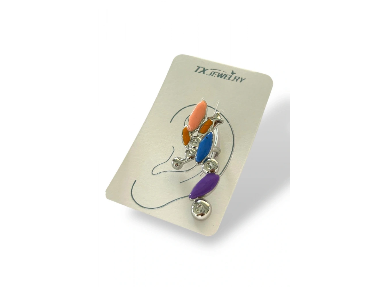 Gümüş Renk Renkli Taş Detaylı 14K Altın Kaplama TX Ear Cuff (Tek)