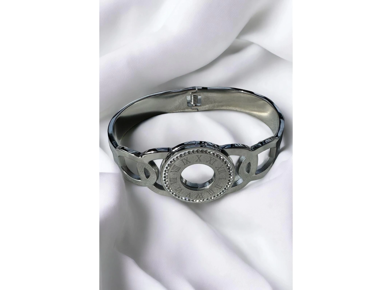 Gümüş Renk Romen Rakamlı Taşlı Çelik Bileklik