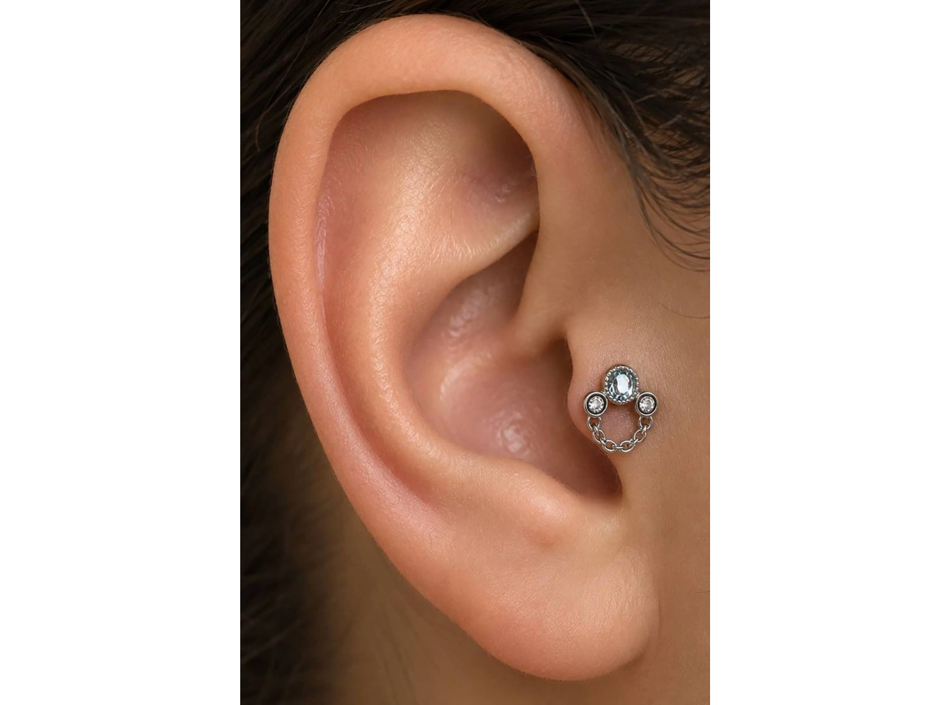 Gümüş  Renk Sallantılı   Taşlı Cerrahi Çelik Tragus/Kıkırdak Küpe/Piercing (Tek)