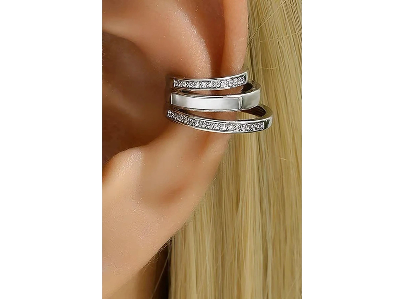 Gümüş Renk Taş Detaylı 14K Altın Kaplama TX Ear Cuff (Tek)