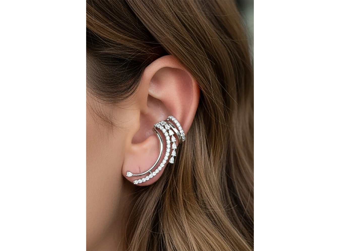 Gümüş Renk Taş Detaylı 14K Altın Kaplama TX Ear Cuff (Tek)