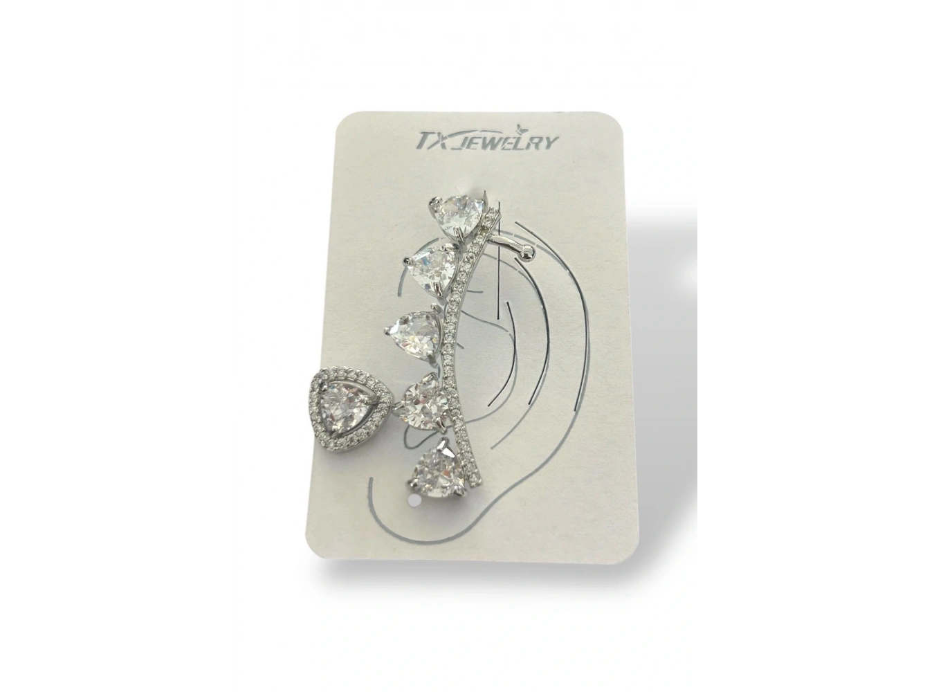 Gümüş Renk Taş Detaylı 14K Altın Kaplama TX Ear Cuff Ve Küpe Set (Tek)