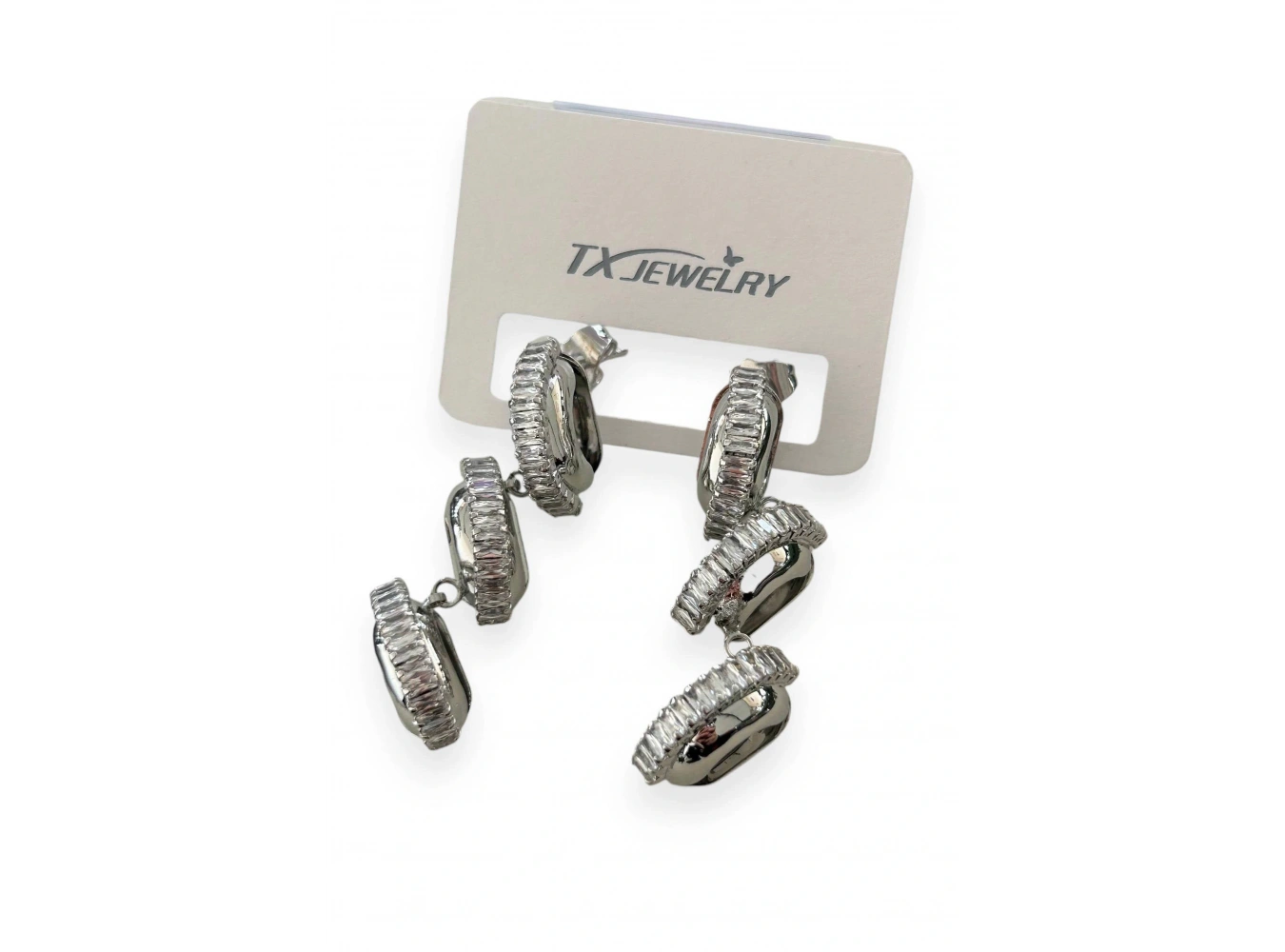 Gümüş Renk Taş Detaylı 14K Altın Kaplama TX Küpe (Çift)