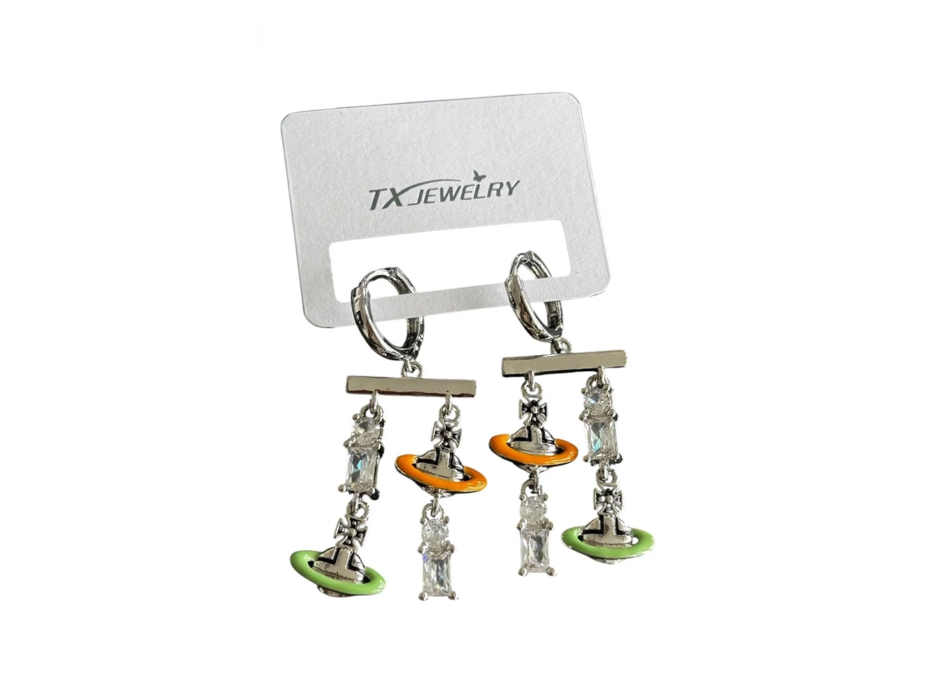 Gümüş Renk Taş Detaylı 14K Altın Kaplama TX Küpe (Çift)