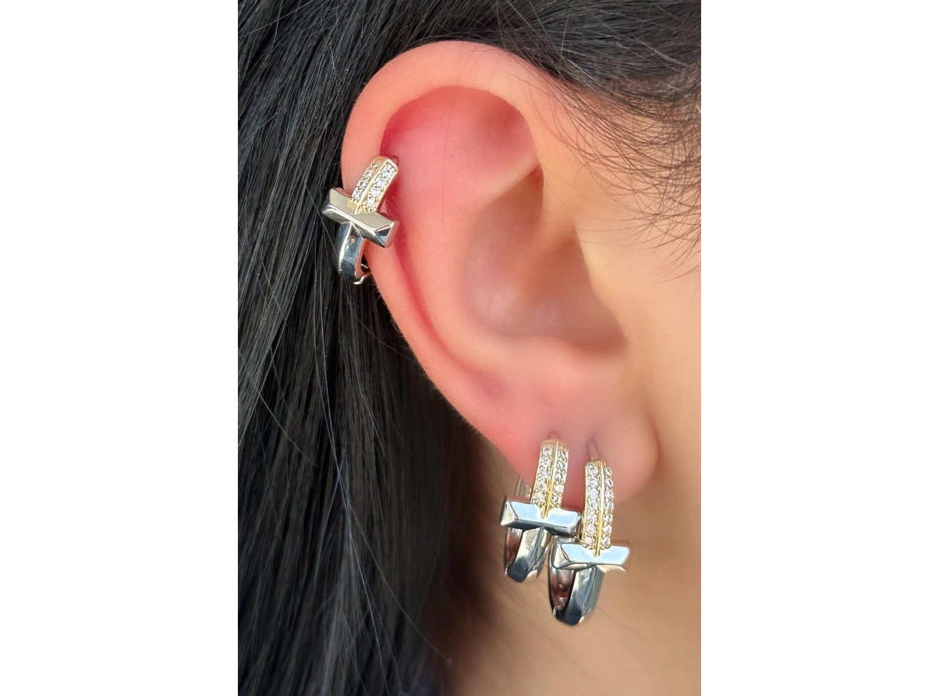 Gümüş Renk Taş Detaylı 3lü YSX Küpe Set