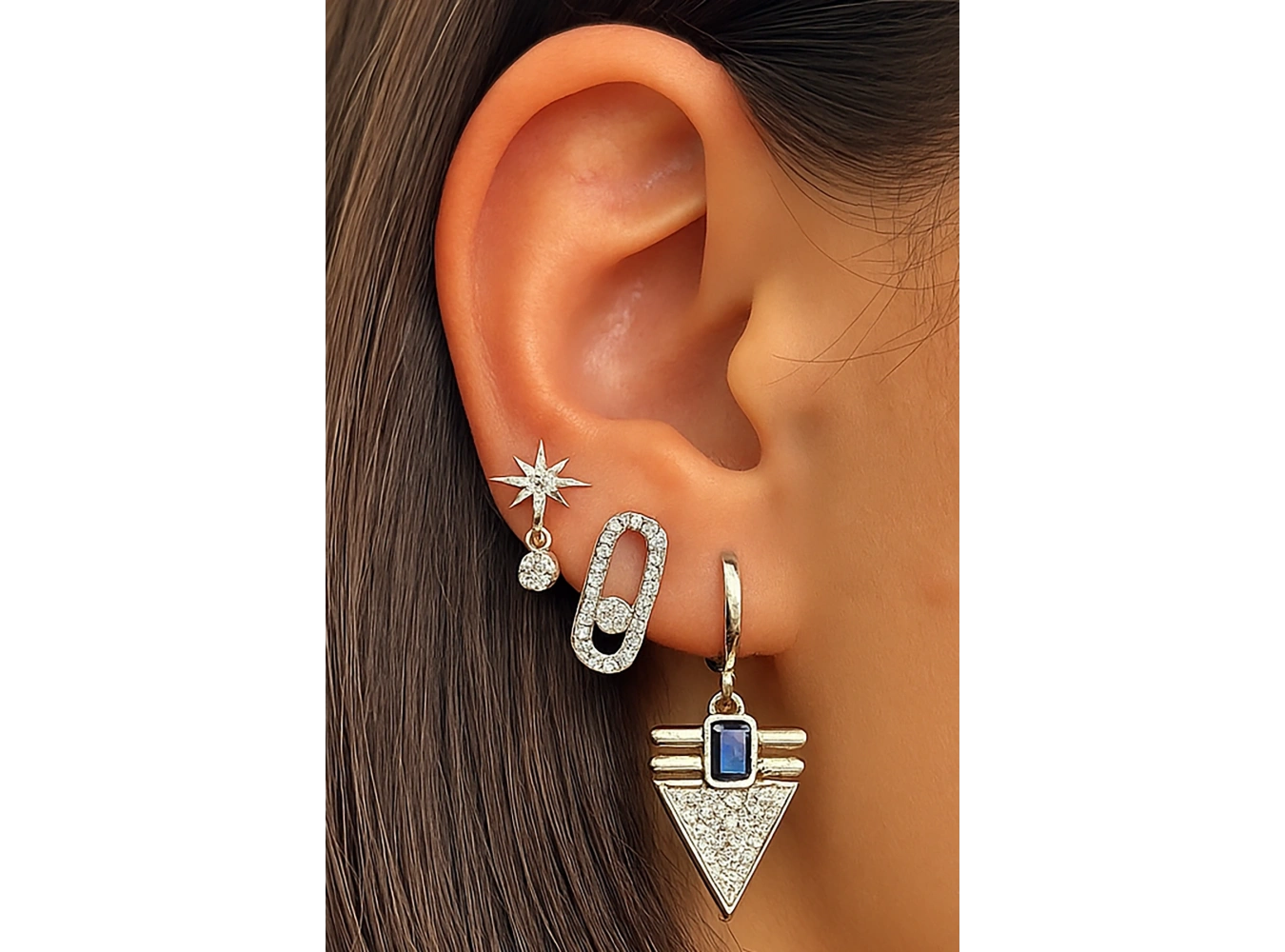 Gümüş Renk Taş Detaylı 3lü YSX Küpe Set