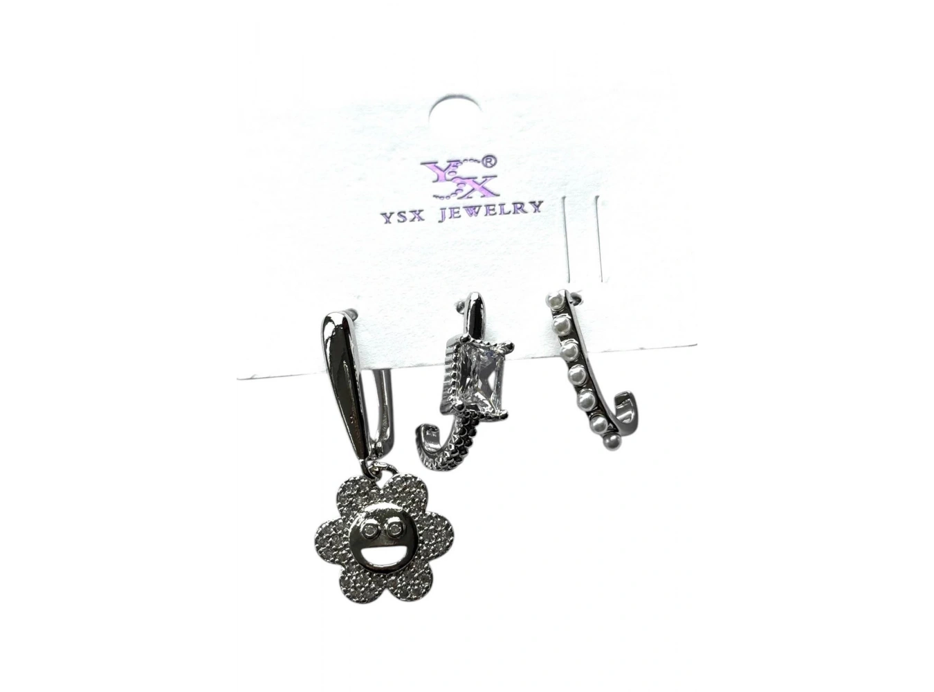 Gümüş Renk Taş Detaylı 3lü YSX Küpe Set