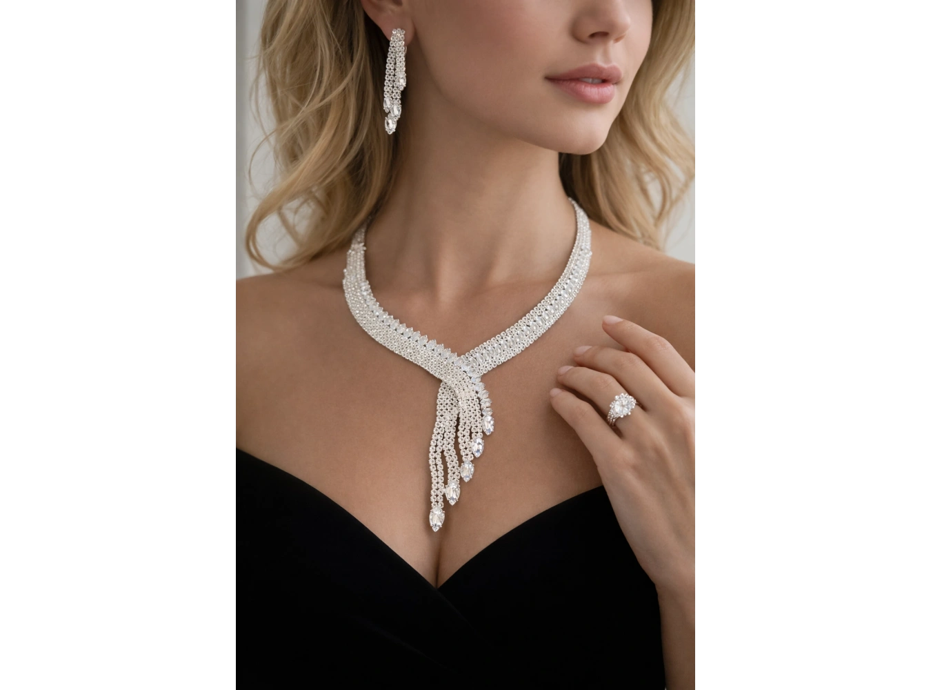 Gümüş Renk Taş Detaylı 4lü Abiye Set