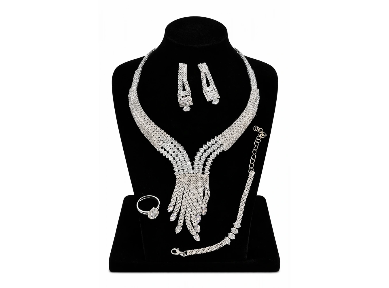 Gümüş Renk Taş Detaylı 4lü Abiye Set