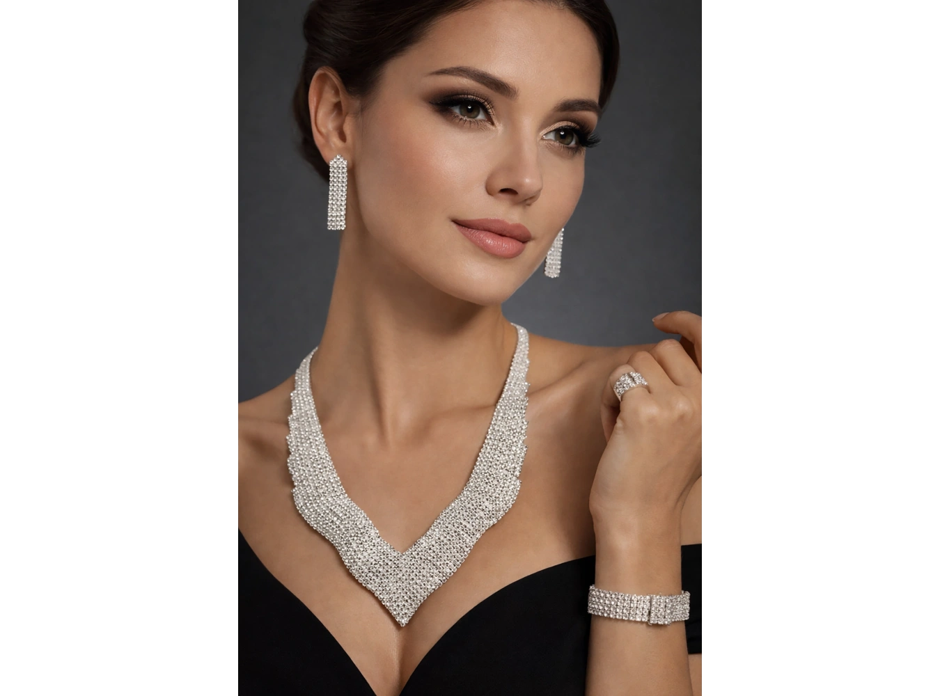 Gümüş Renk Taş Detaylı 4lü Abiye Set