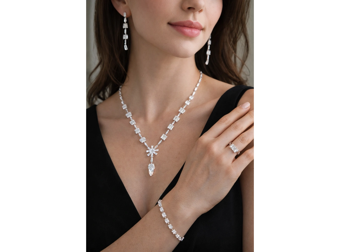 Gümüş Renk Taş Detaylı 4lü Abiye Set