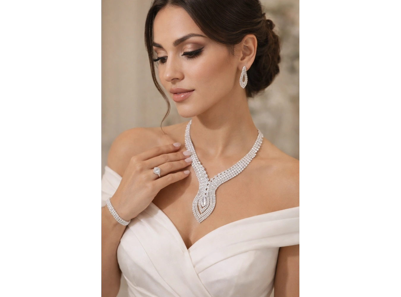 Gümüş Renk Taş Detaylı 4lü Abiye Set