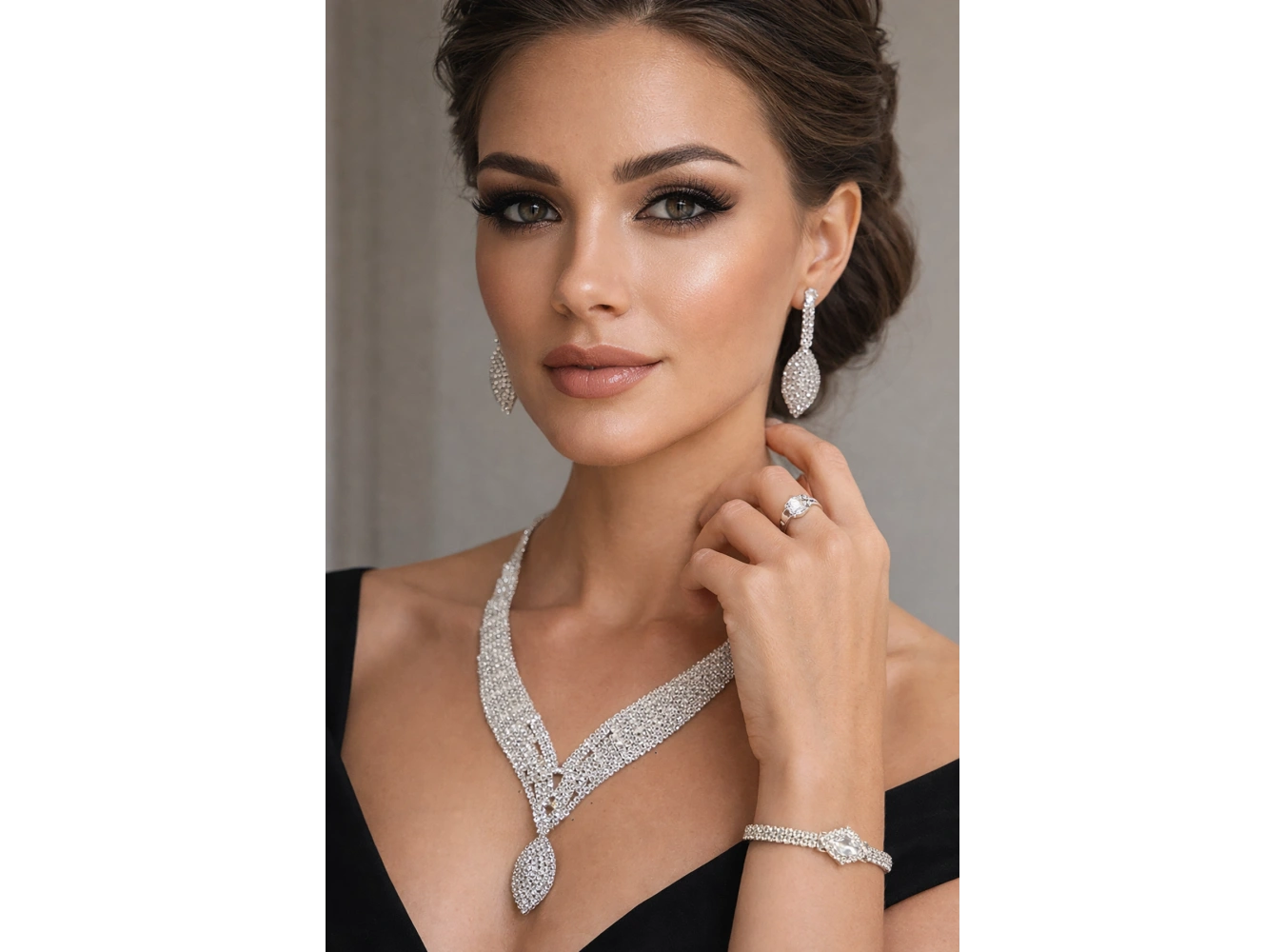 Gümüş Renk Taş Detaylı 4lü Abiye Set