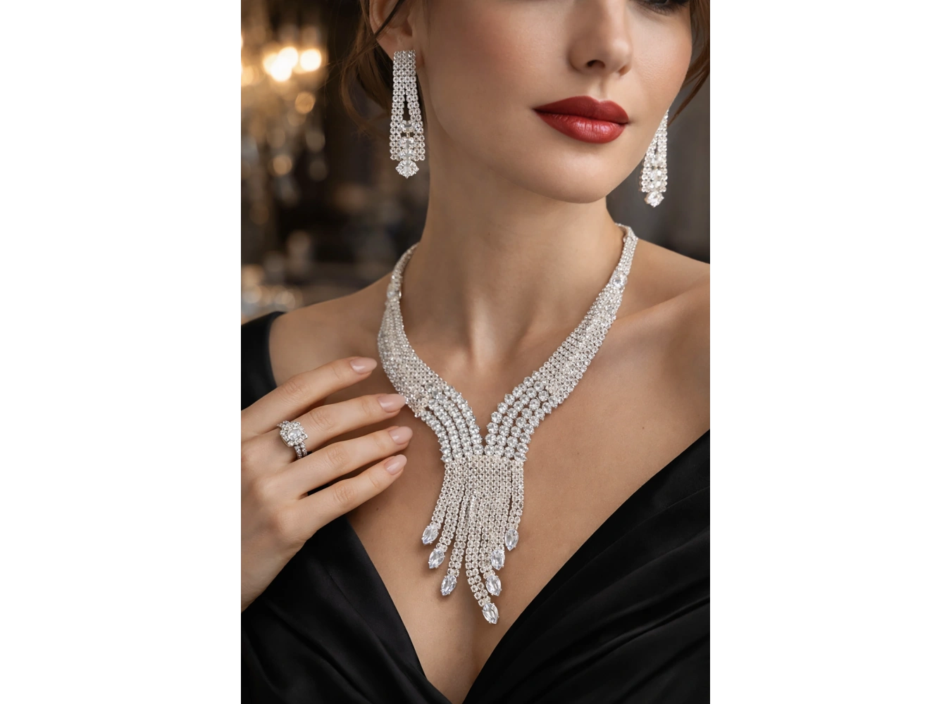 Gümüş Renk Taş Detaylı 4lü Abiye Set