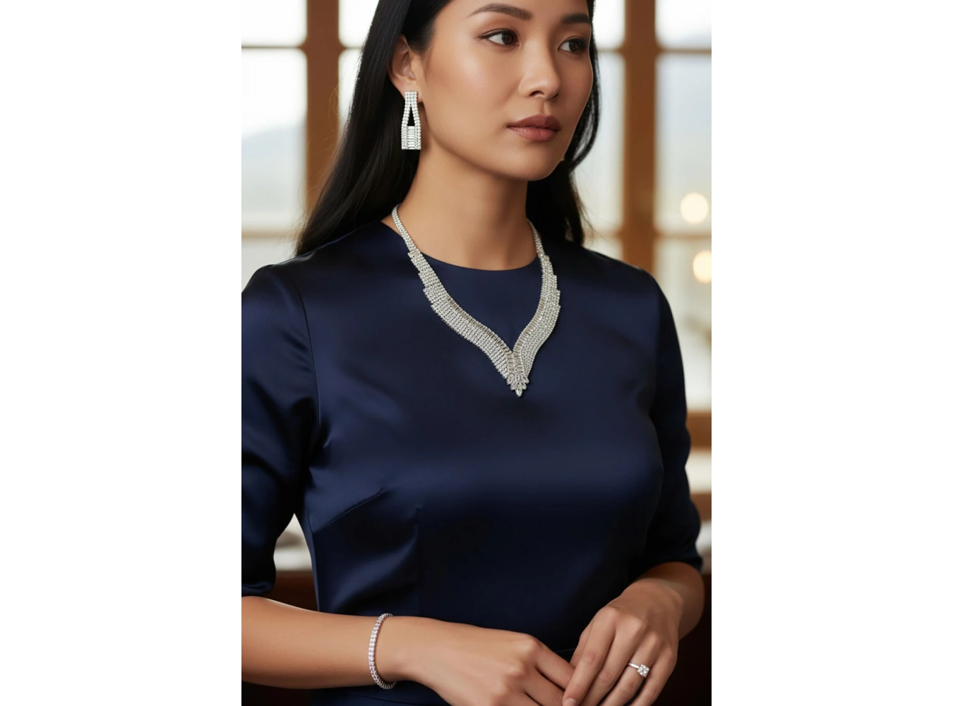 Gümüş Renk Taş Detaylı 4lü Abiye Set