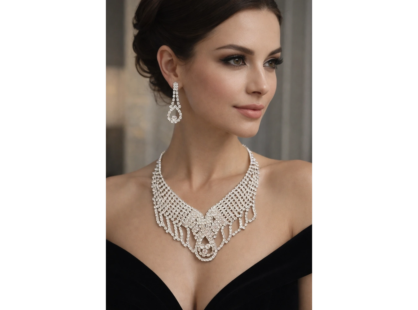 Gümüş Renk Taş Detaylı Abiye Set