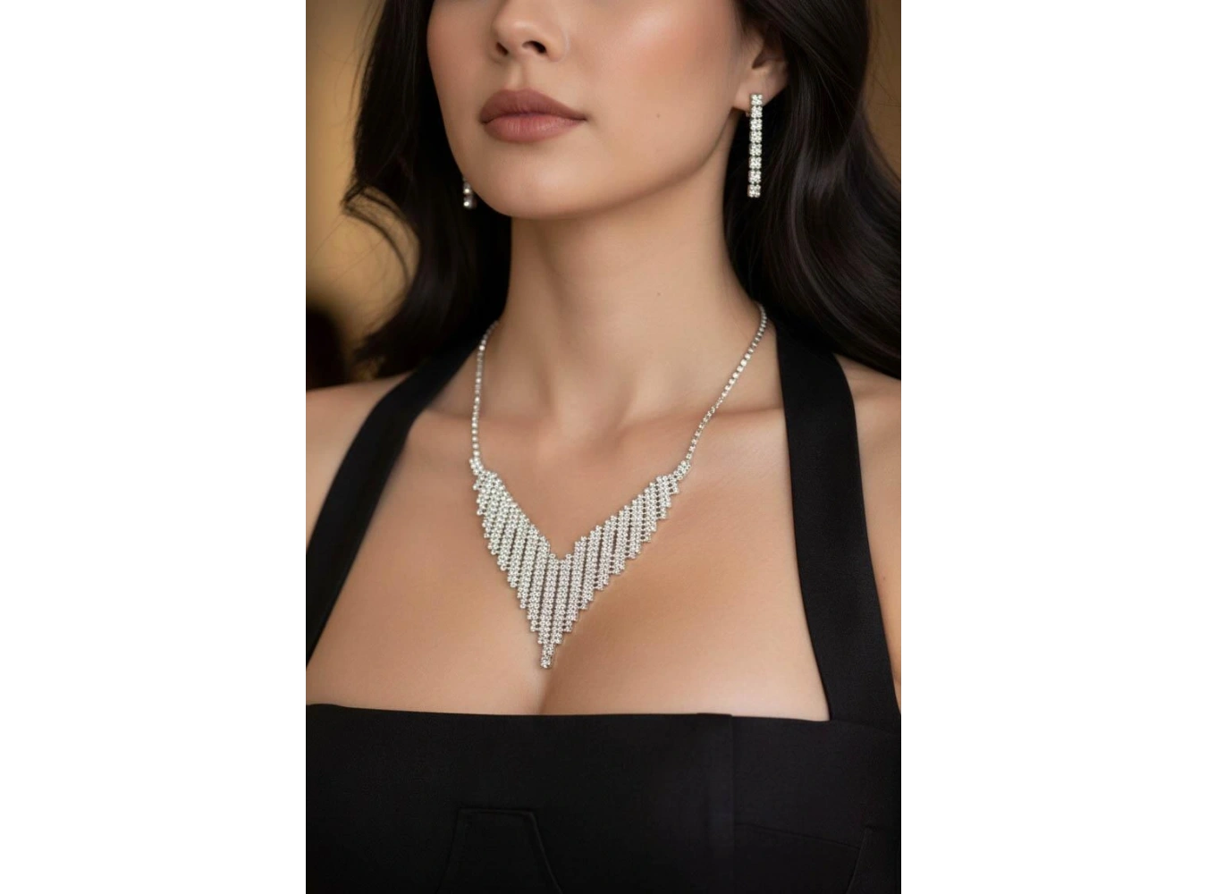 Gümüş Renk Taş Detaylı Abiye Set