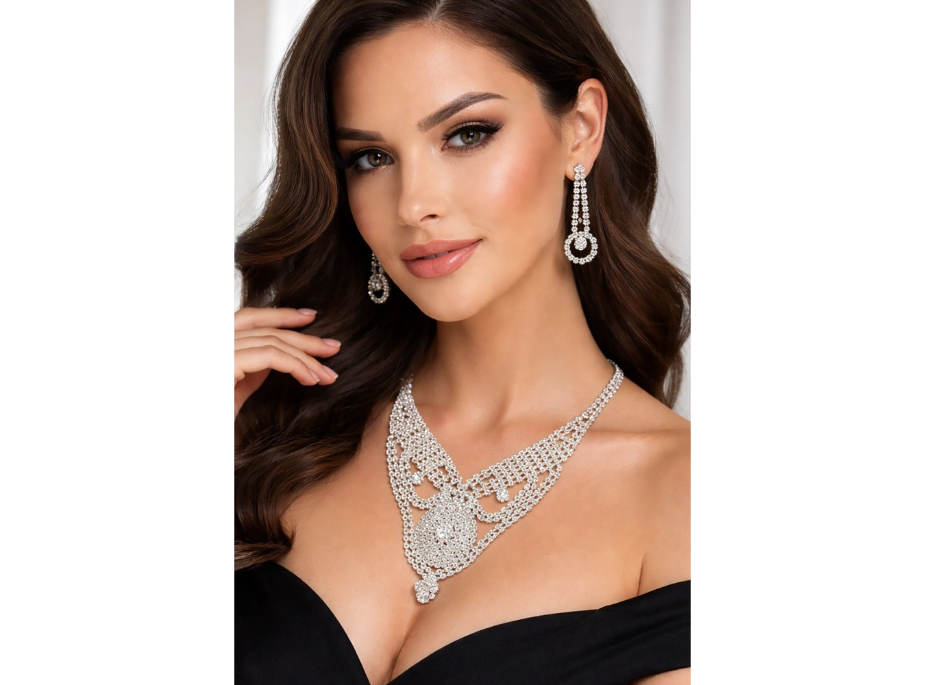 Gümüş Renk Taş Detaylı Abiye Set