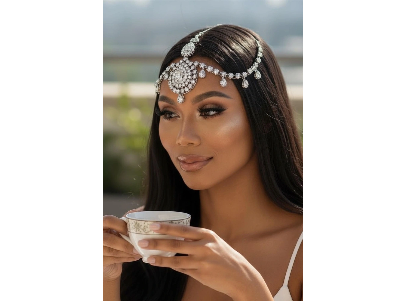 Gümüş Renk Taş Detaylı Alınlık/Kına Aksesuarı