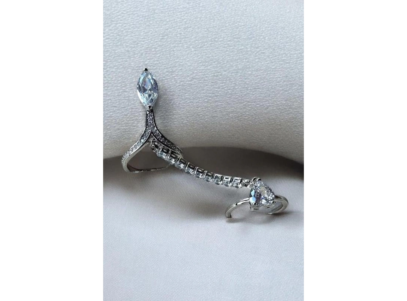 Gümüş Renk Taş Detaylı Ayarlanabilir İkili Çelik Yüzük