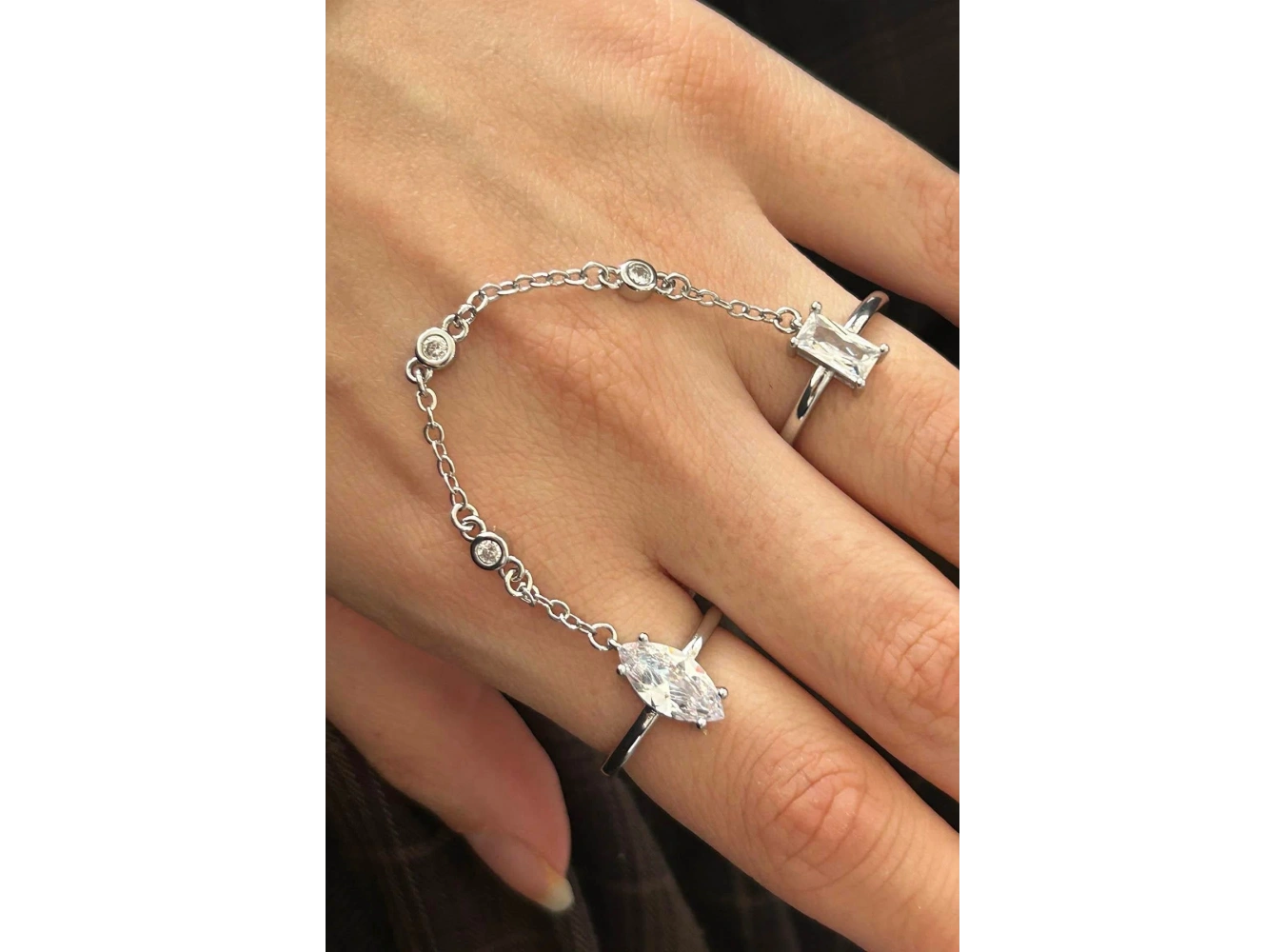 Gümüş Renk Taş Detaylı Ayarlanabilir İkili Yüzük