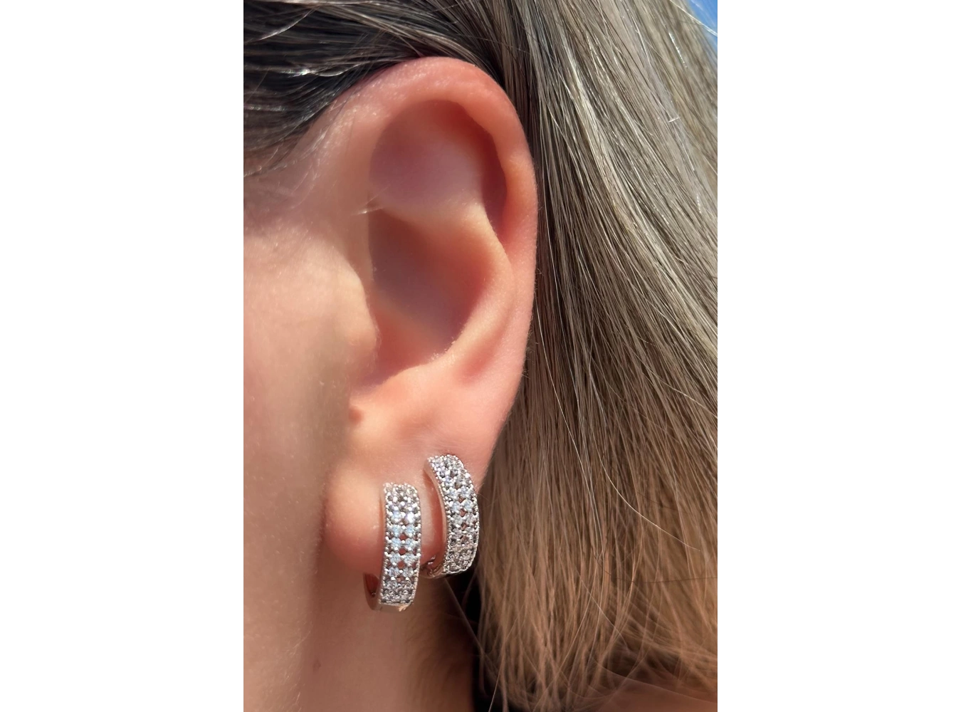 Gümüş Renk Taş Detaylı Çelik Halka Xupıng Küpe (Çift)