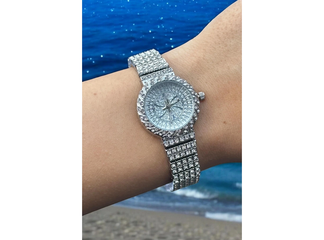 Gümüş Renk Taş Detaylı Çelik Kordonlu Kadın Saat