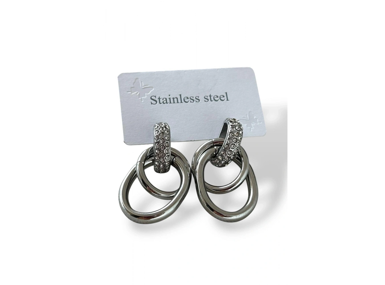 Gümüş Renk Taş Detaylı  Çelik Küpe (Çift)